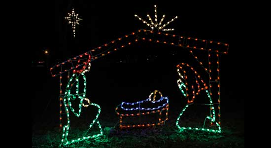 Christmas lights display of Mary, Joseph, and Jesus